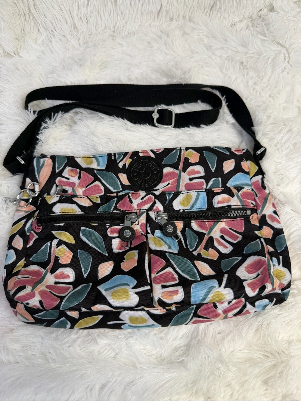 Kipling Black Floral Print Crossbody with Multicolor Petals